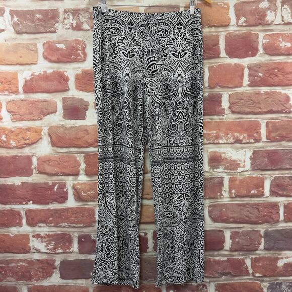 AB Studio Pants Women's M Black White Boho Floral Abstract Stretchy Pull On - Picture 1 of 8